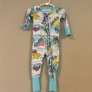 Unbranded Kids One-Piece Footie Pajamas — Rainbow Unicorn Print, Light Blue Trim